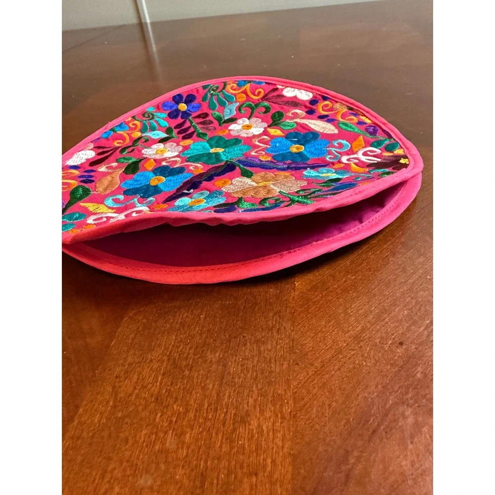 Mexican Hand Embroidered Floral Tortilla Warmer Pouch Pink Round Boho